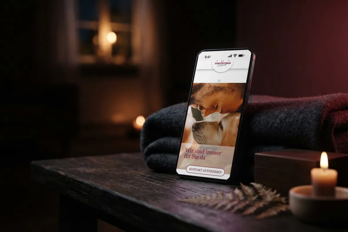 Webdesign-Referenz Tierbestattung: Tierbestattungen Schmidt, Delmenhorst Webseite für Tierbestattungen: handy mit der Website von Tierbestattungen Schmidt, Tierbestattung in Delmenhorst.