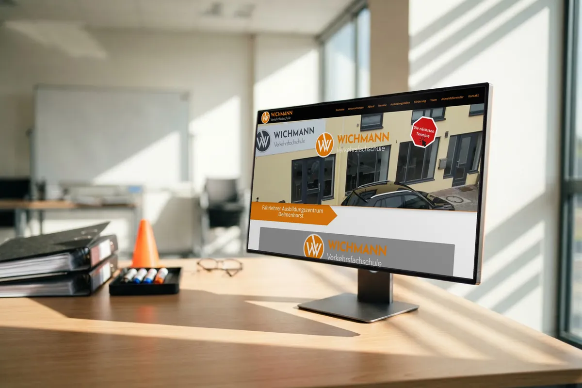Webseite für die Fahrlehrerausbildung: monitor mit der Website von Verkehrsfachschule, Fahrlehrerausbildung in Delmenhorst.