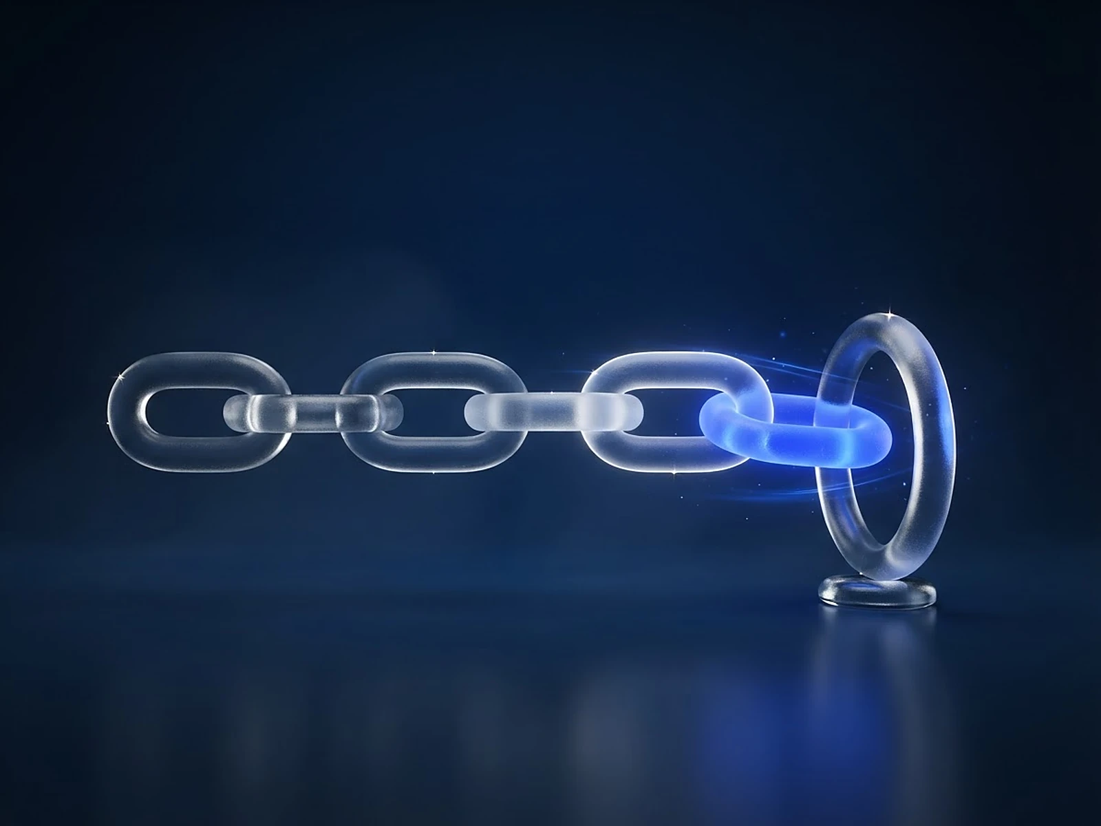 Gläserne Kette, deren letztes Glied blau leuchtet und in einen Ring greift: Wartungserinnerung mit Buchungslink.