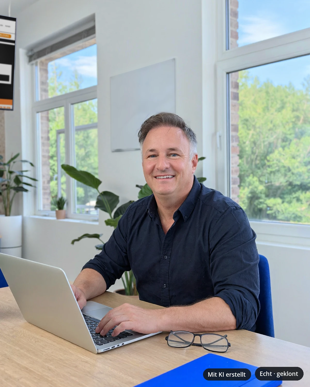 Ole Adrian am Laptop im Betrieb eines Kunden: Webdesign aus Stuhr entsteht beim Kunden.