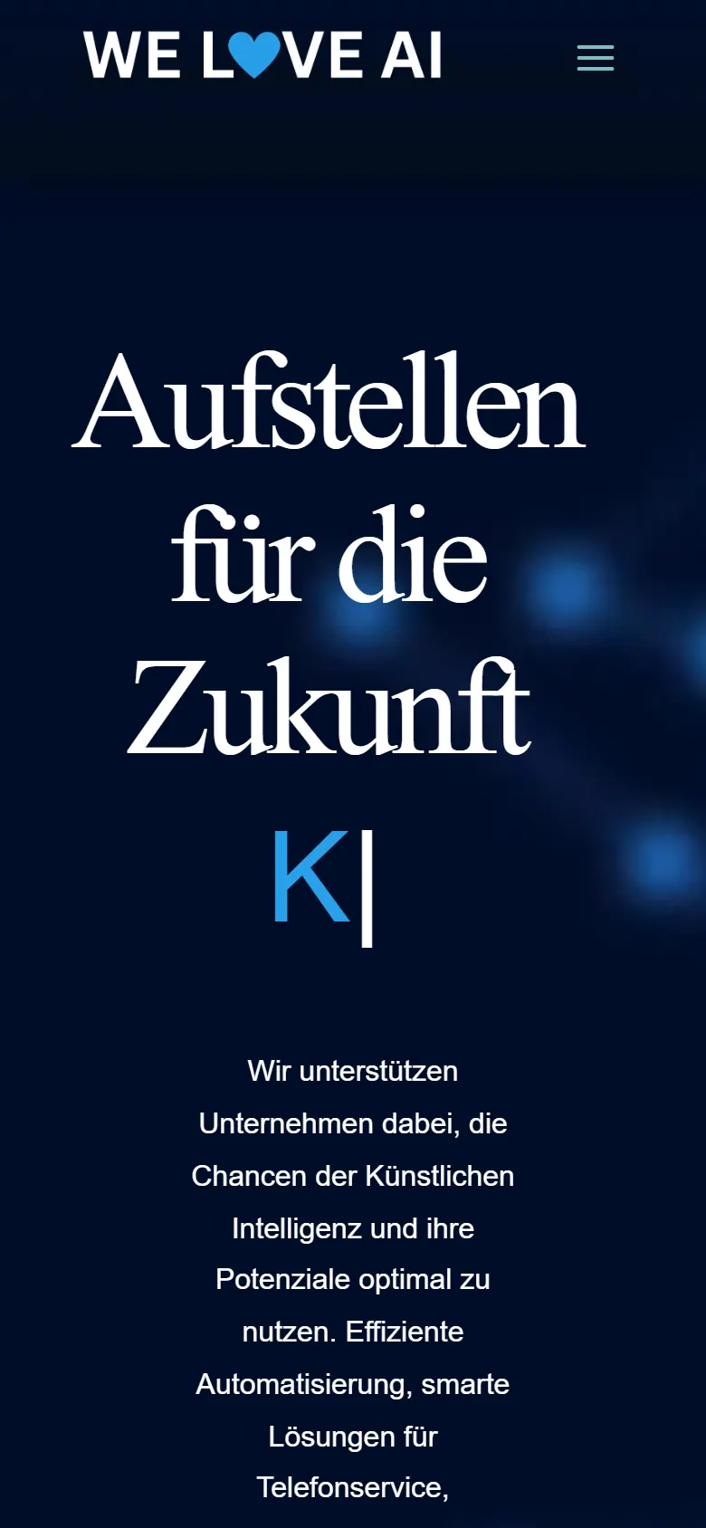 Webseite für KI-Lösungen am Handy: die Website von We love AI aus Stuhr in der mobilen Ansicht