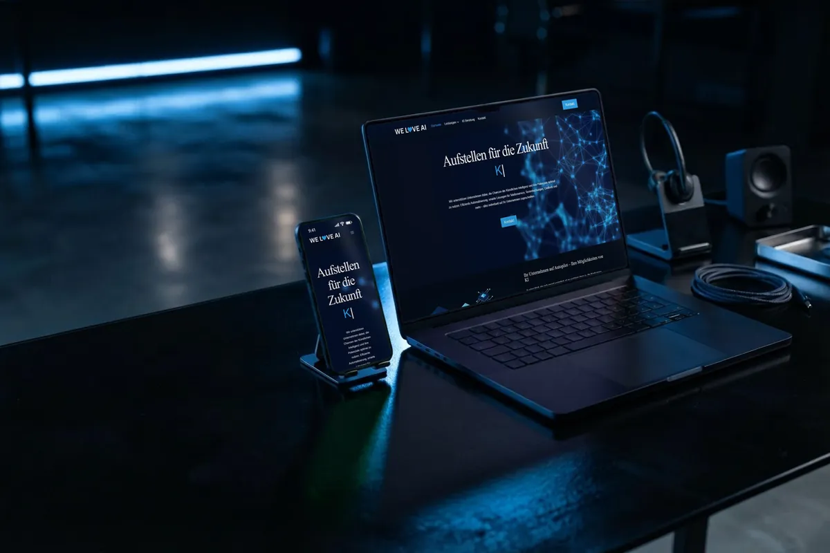 Webseite für KI-Lösungen: laptop und Handy mit der Website von We love AI, KI-Automatisierung in Stuhr: Webdesign-Referenz.
