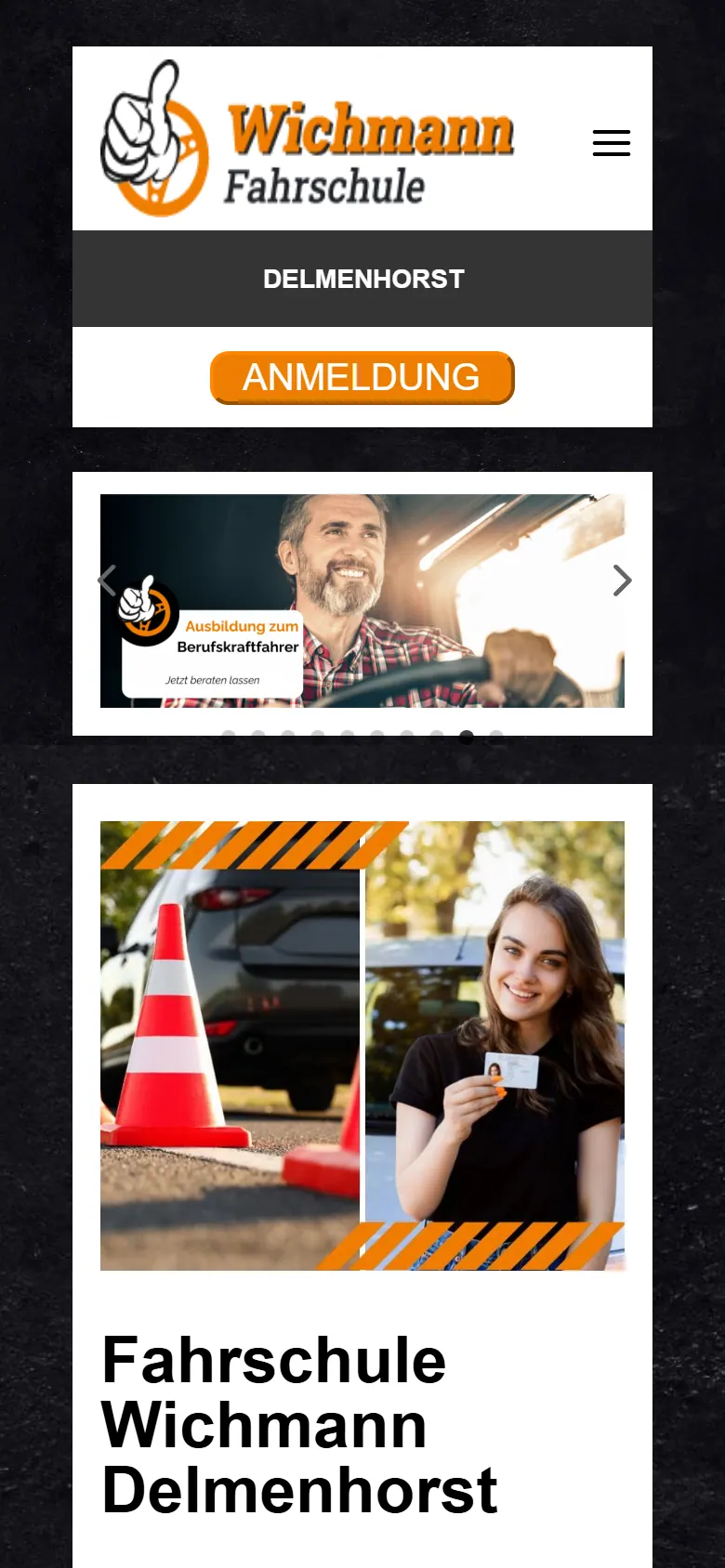 Webseite für Fahrschulen am Handy: Fahrschule Wichmann, Delmenhorst Webseite für Fahrschulen am Handy: die Website von Fahrschule Wichmann aus Delmenhorst in der mobilen Ansicht