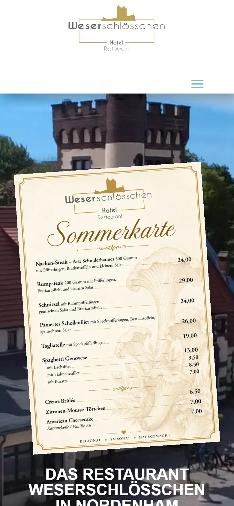 Webseite für Hotels und Restaurants am Handy: die Website von Weserschlösschen aus Nordenham in der mobilen Ansicht