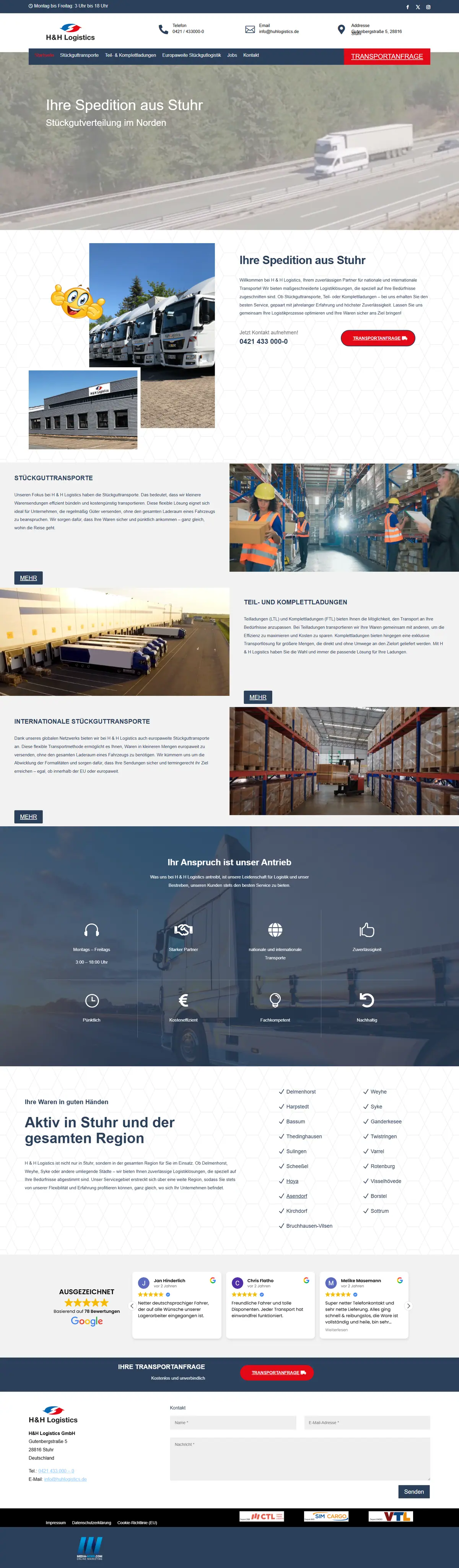 Webseite für Speditionen: Startseite von H & H Logistics GmbH, Spedition in Stuhr, gebaut von Media-Nord.com