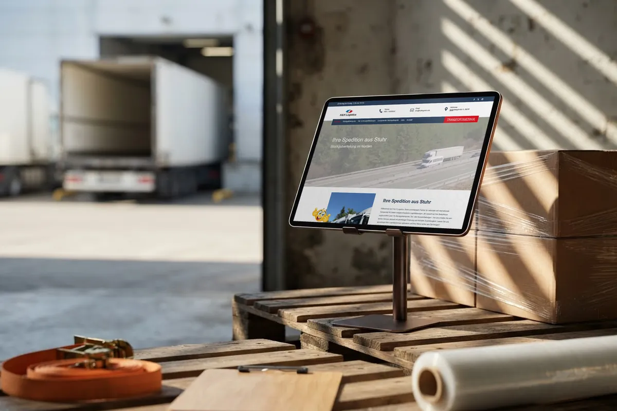 Webseite für Speditionen: tablet mit der Website von H & H Logistics, Spedition in Stuhr.