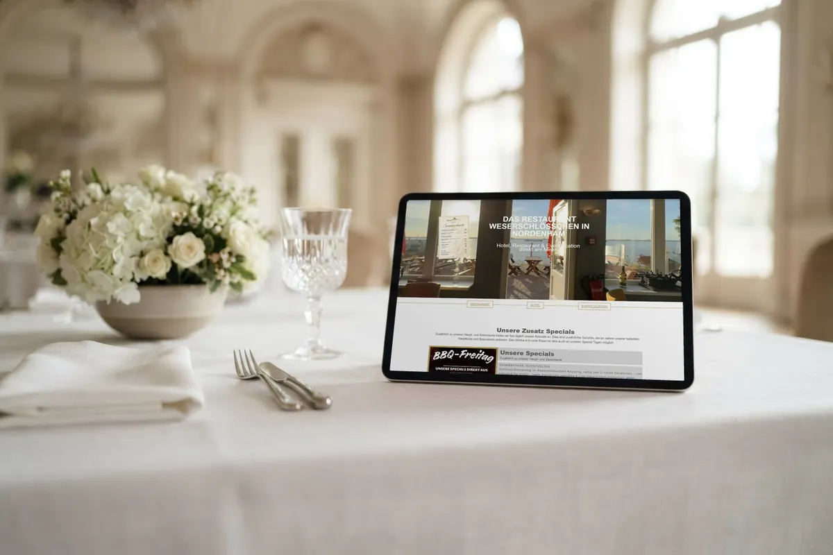 Webdesign-Referenz Hotel und Restaurant: Weserschlösschen, Nordenham Webseite für Hotels und Restaurants: tablet mit der Website von Weserschlösschen, Hotel und Restaurant in Nordenham.