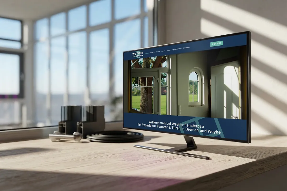 Webdesign-Referenz Fensterbau: Weyher Fensterbau, Weyhe Webseite für Fensterbauer: monitor mit der Website von Weyher Fensterbau, Fensterbau in Weyhe.
