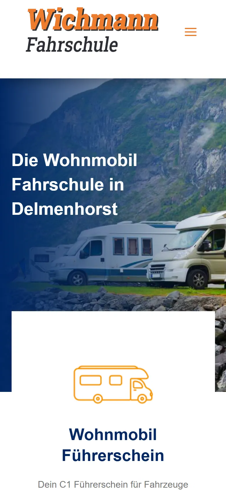 Webseite für Wohnmobil-Fahrschulen am Handy: die Website von Wohnmobil-Fahrschule aus Delmenhorst in der mobilen Ansicht