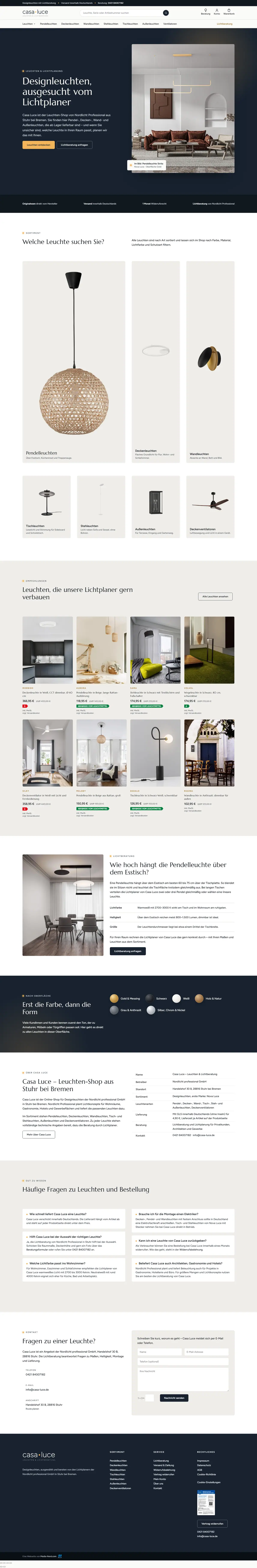 Onlineshop für Leuchten in Stuhr: Casa Luce Onlineshop für Leuchten: Startseite von Casa Luce, Designleuchten und Lichtberatung in Stuhr, gebaut von Media-Nord.com