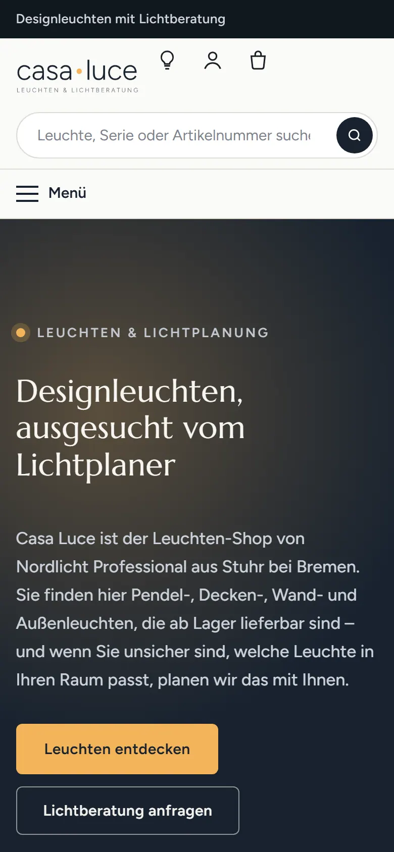 Onlineshop für Leuchten am Handy: Casa Luce, Stuhr Onlineshop für Leuchten am Handy: die Website von Casa Luce aus Stuhr in der mobilen Ansicht