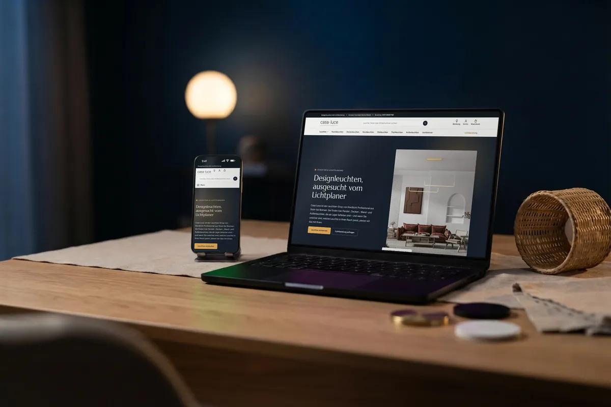 Laptop und Handy mit dem Onlineshop für Leuchten von Casa Luce in Stuhr im Studiobild