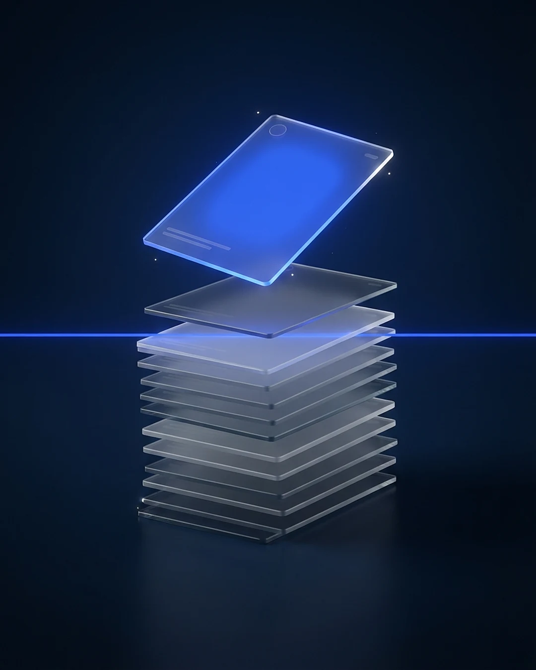 KI-News KW 42: KI sortiert Bewerbungen vor KI-News KW 42: Stapel gläserner Bewerbungsblätter, ein Lichtstrahl prüft, ein Blatt wird leuchtend herausgehoben.