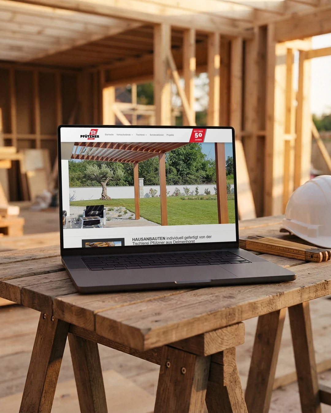 Website für Bauunternehmen: Hausanbauten am Laptop Seite Hausanbauten der Tischlerei Pfützner auf dem Laptop im Rohbau: Website für Bauunternehmen und Baufirmen