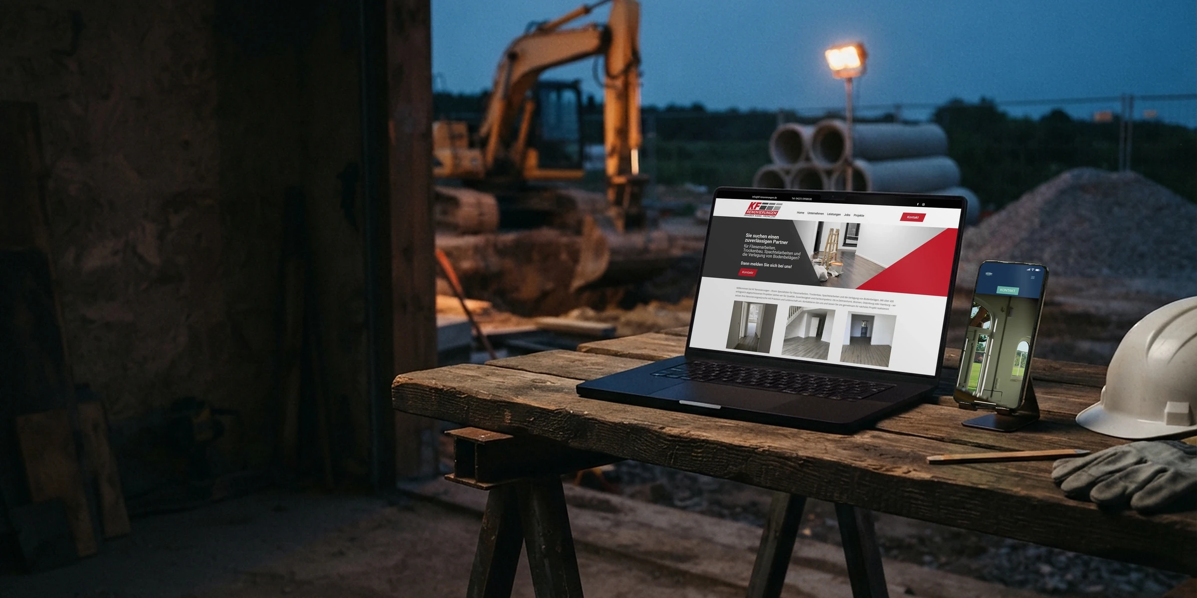 Laptop und Handy mit Handwerker-Webseiten auf einer Baustelle mit Bagger: Webdesign für Bauunternehmen