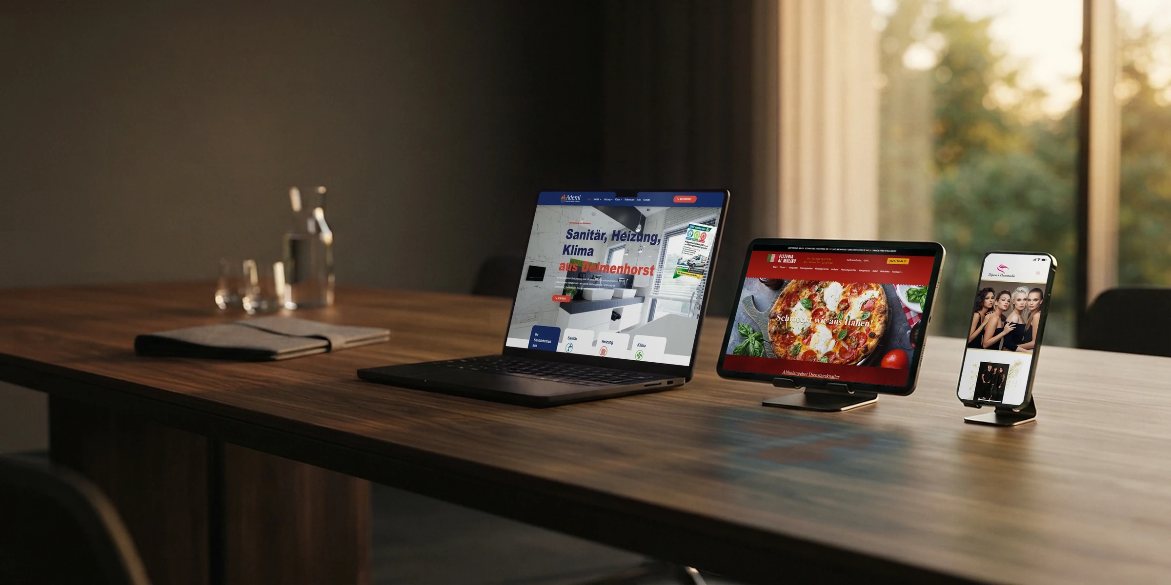 Laptop, Tablet und Handy mit Webseiten aus Handwerk, Gastronomie und Friseur: Webdesign nach Branche