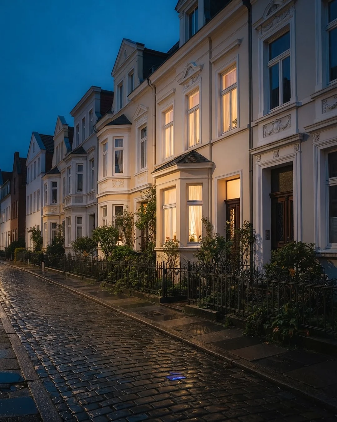Bremer Häuser mit erleuchteten Fenstern am Abend: Homepage für Betriebe aus den Bremer Stadtteilen