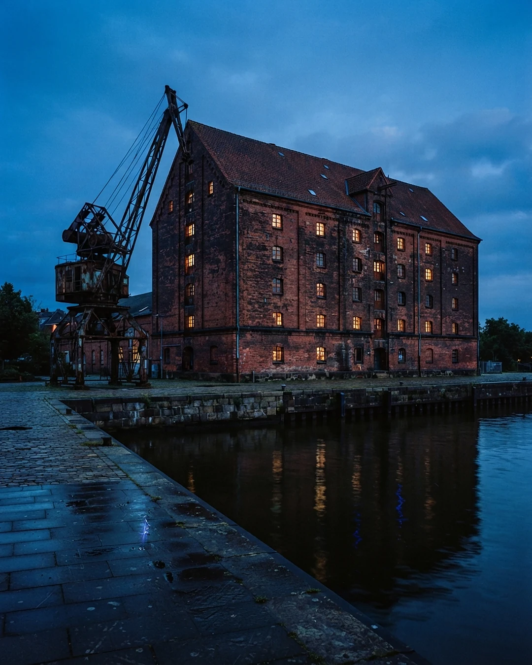 Speicher und Hafenkran an der Weser zur blauen Stunde: Webseiten für Bremer Betriebe und das Umland