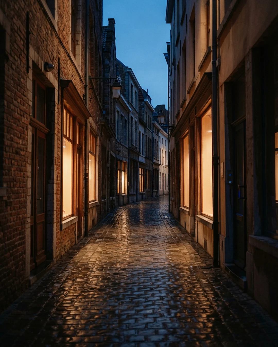 Gasse mit Backsteinfassaden und erleuchteten Ladenfenstern am Abend: Website erstellen lassen in Delmenhorst