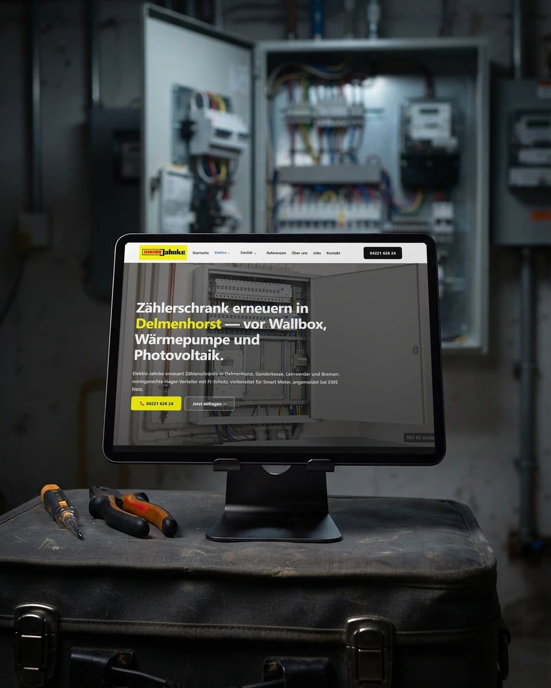 Zählerschrank-Seite von Elektro Jahnke auf dem Tablet im Hausanschlussraum: Homepage für Elektrobetriebe