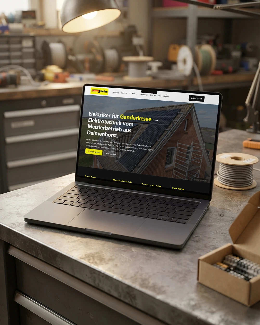 Ortsseite Elektriker Ganderkesee von Elektro Jahnke auf dem Laptop in der Werkstatt: Elektriker-Website erstellen lassen