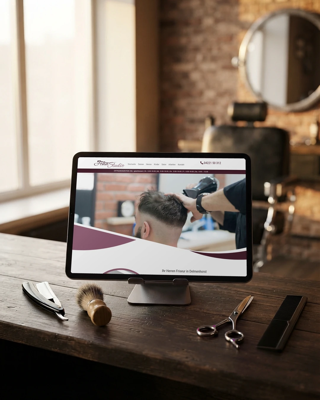 Friseur-Website erstellen lassen: Herrenseite am Barberstuhl Herrenseite vom Föhn-Studio auf dem Tablet vor einem Barberstuhl: Friseur-Website erstellen lassen nach Zielgruppe