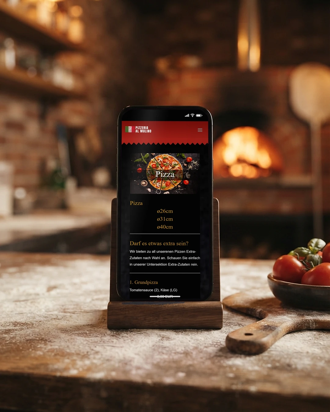 Gastronomie-Homepage: Pizzaseite am Handy Pizzaseite von Al Mulino am Handy vor dem Holzofen: Gastronomie-Homepage für Gäste, die spontan entscheiden