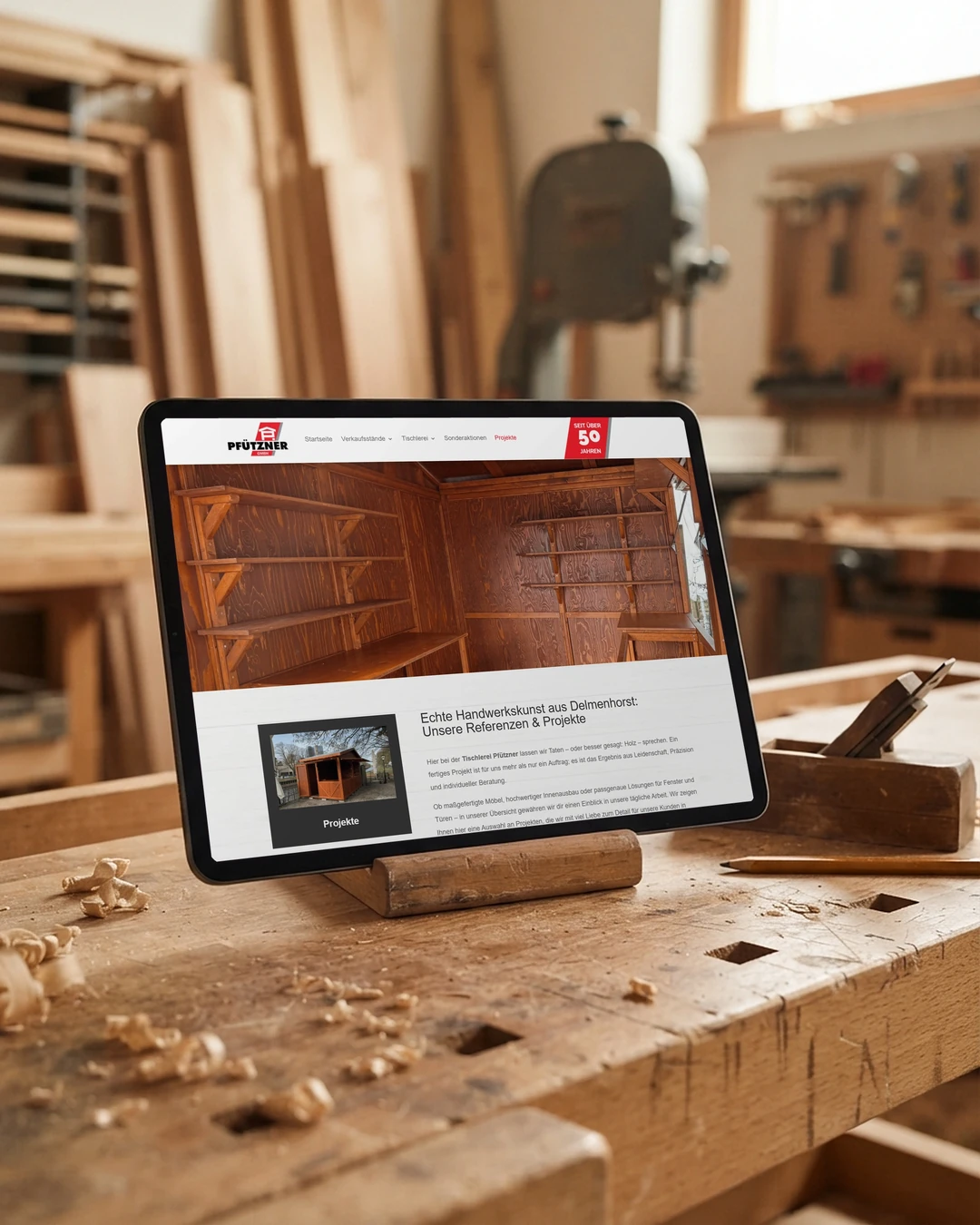 Firmenhomepage für Handwerksbetriebe: Projekte der Tischlerei Projektübersicht der Tischlerei Pfützner auf dem Tablet an der Hobelbank: Firmenhomepage für Handwerksbetriebe