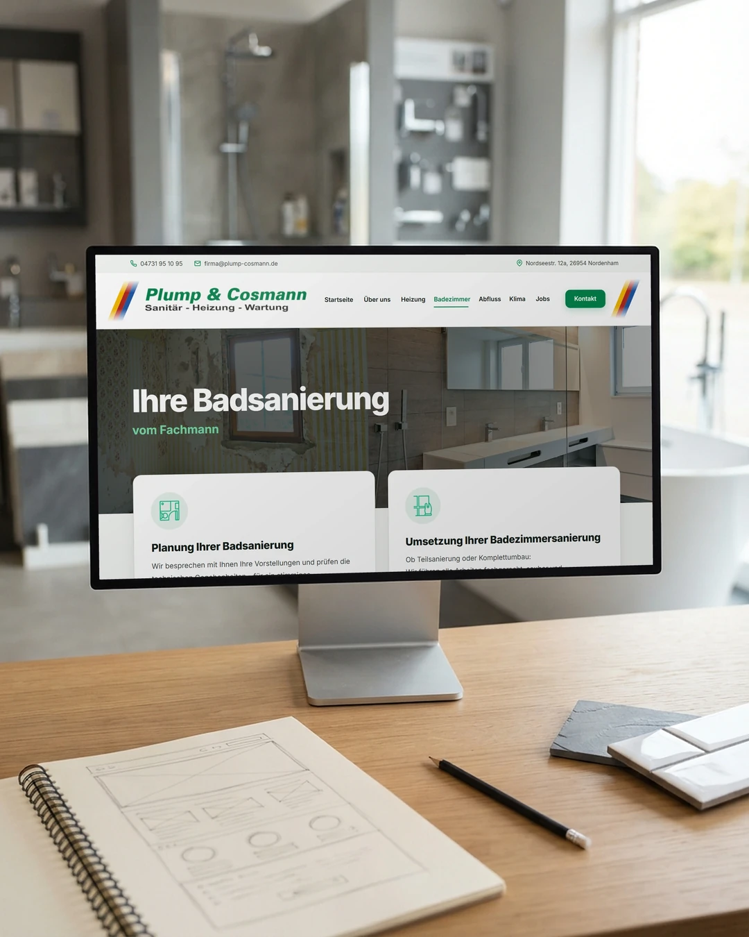 Webseiten-Pflege für Handwerker: Entwurf am Monitor Seite zur Badsanierung von Plump & Cosmann als Entwurf am Monitor: Webseiten-Pflege für Handwerker inklusive
