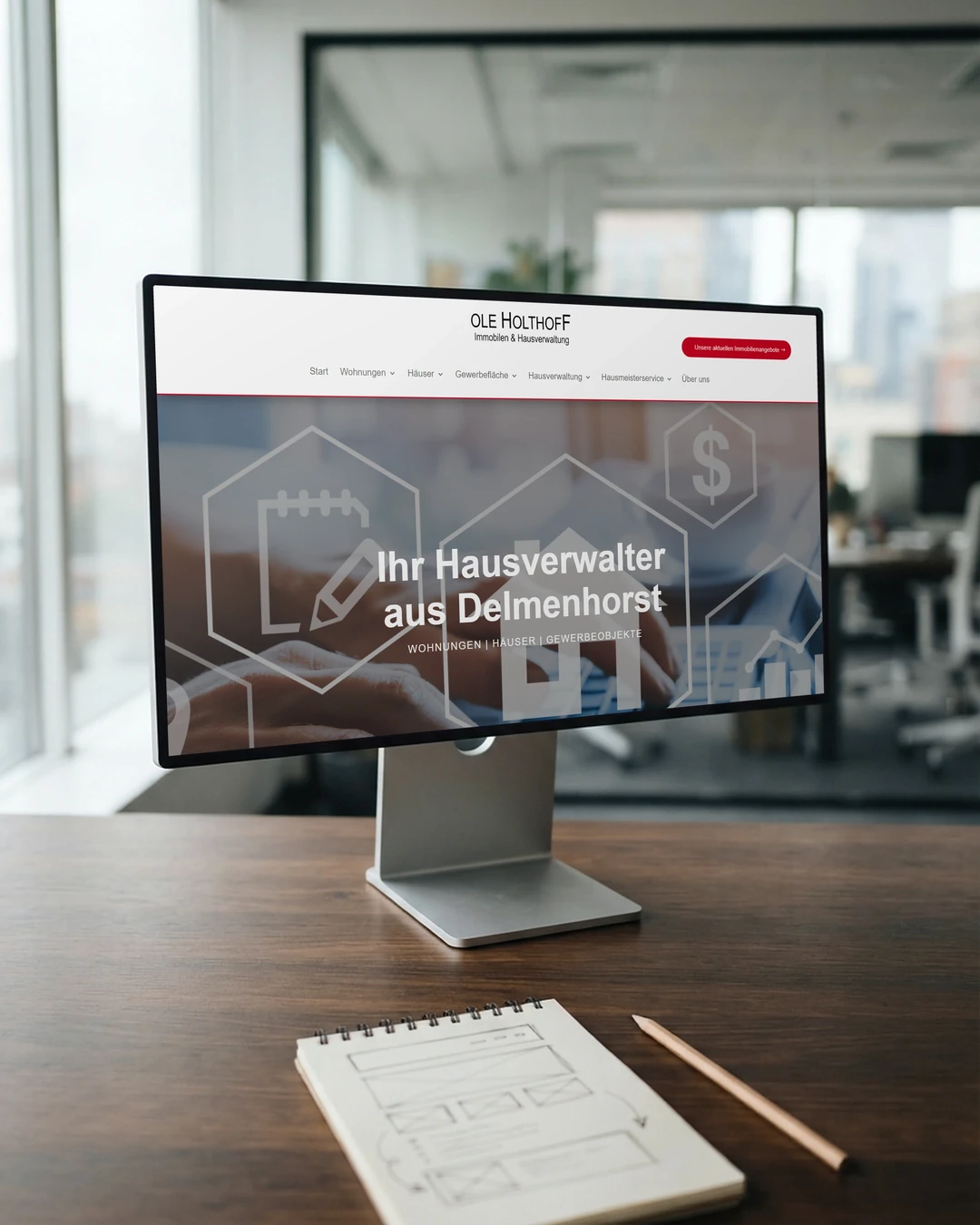 Webdesign für Immobilienmakler: Entwurf am Monitor Seite Hausverwaltung von Ole Holthoff Immobilien als Entwurf am Monitor: Webdesign für Immobilienmakler
