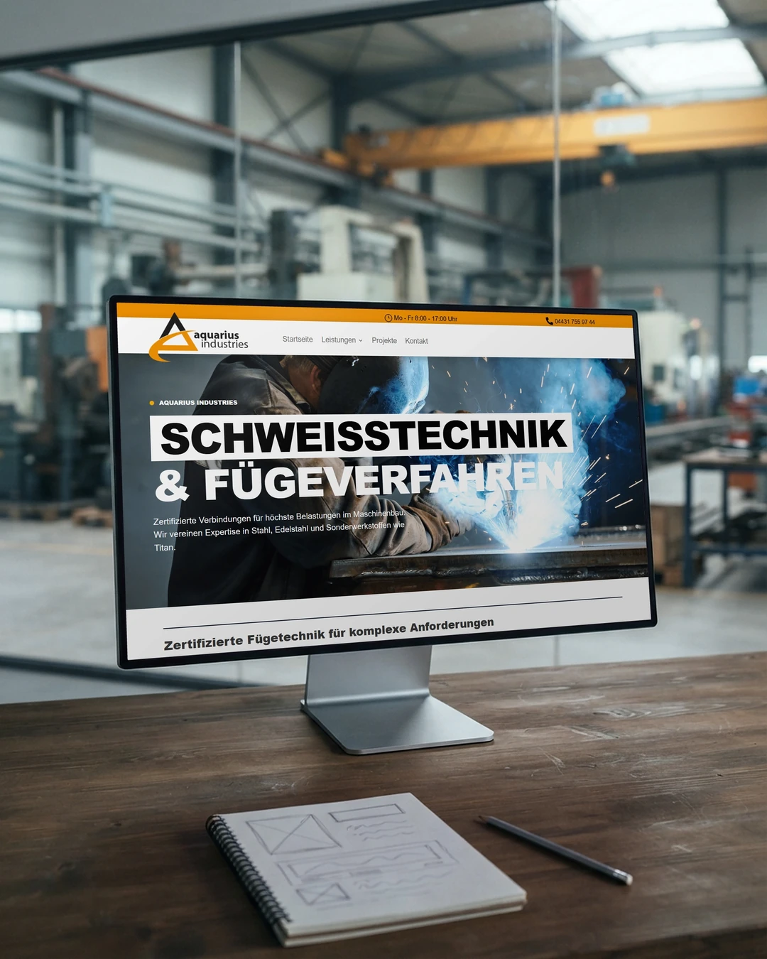Webdesign für die Wesermarsch: Entwurf am Monitor Seite Schweißtechnik von Aquarius Industries als Entwurf am Monitor über der Halle: Webdesign für die Wesermarsch