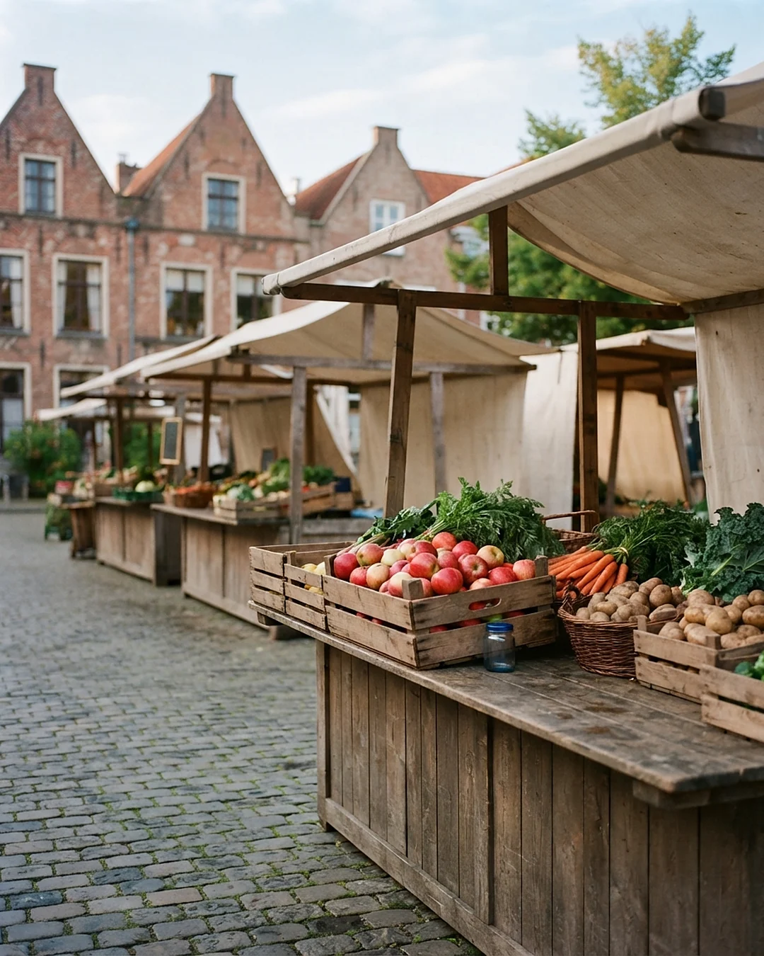 Marktstände mit Gemüsekisten vor Backsteingiebeln am Morgen: Website erstellen lassen in Oldenburg