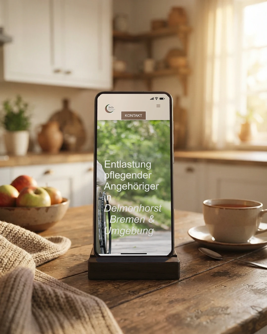 Webdesign für Pflegedienste: Angehörige am Handy Seite zur Entlastung pflegender Angehöriger von YaBu am Handy auf dem Küchentisch: Webdesign für Pflegedienste