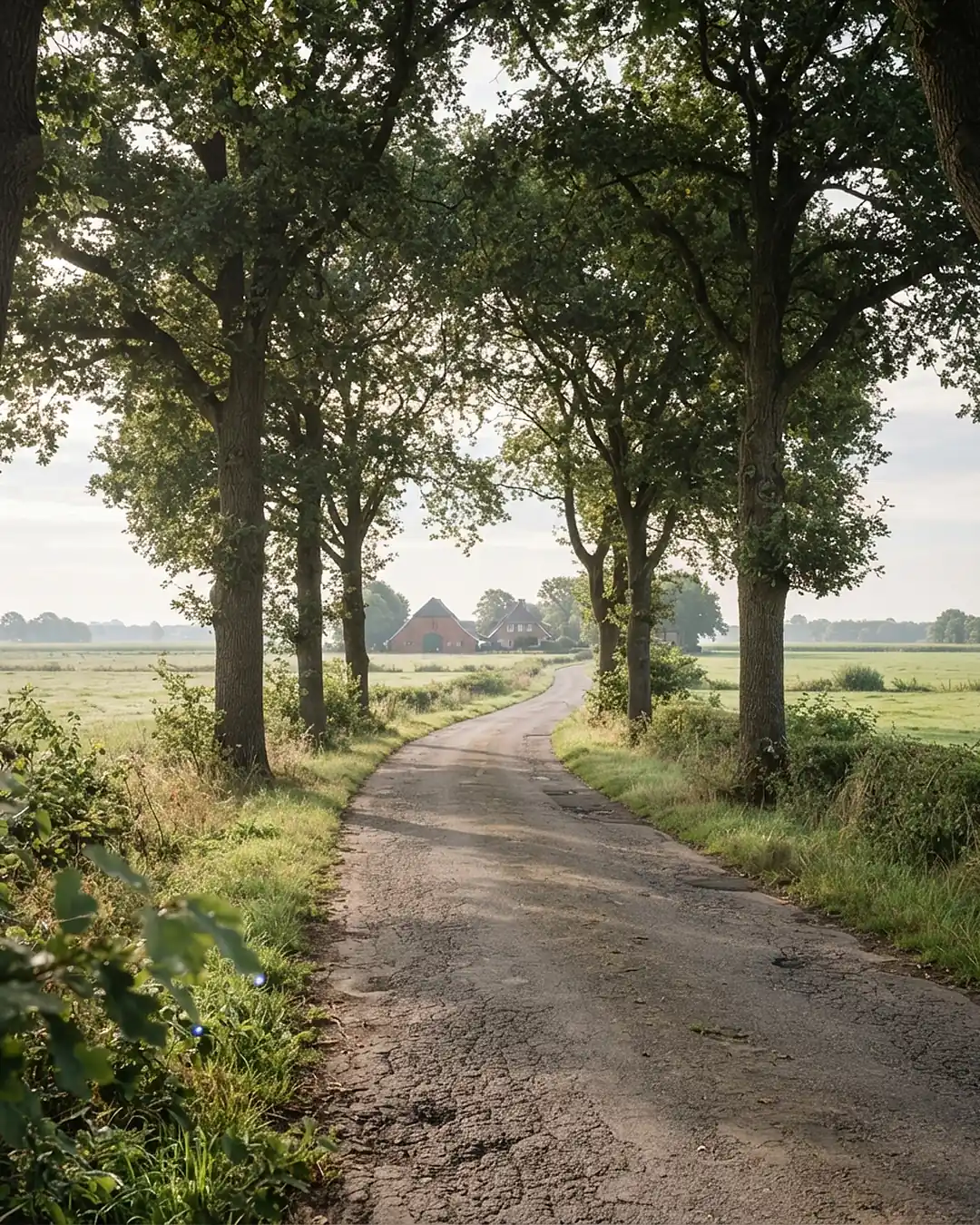 Landstraße mit alten Eichen zu einem Hof: Werbeagentur in Stuhr mit kurzem Weg in den Betrieb