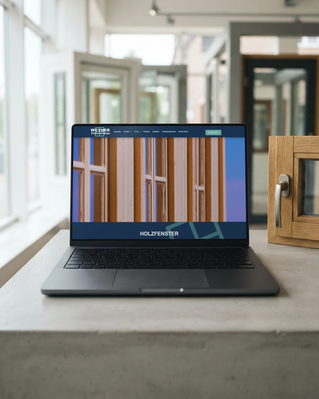 Webseiten für Betriebe in Weyhe: Weyher Fensterbau Seite Holzfenster von Weyher Fensterbau auf dem Laptop in der Ausstellung: Webseiten für Betriebe in Weyhe