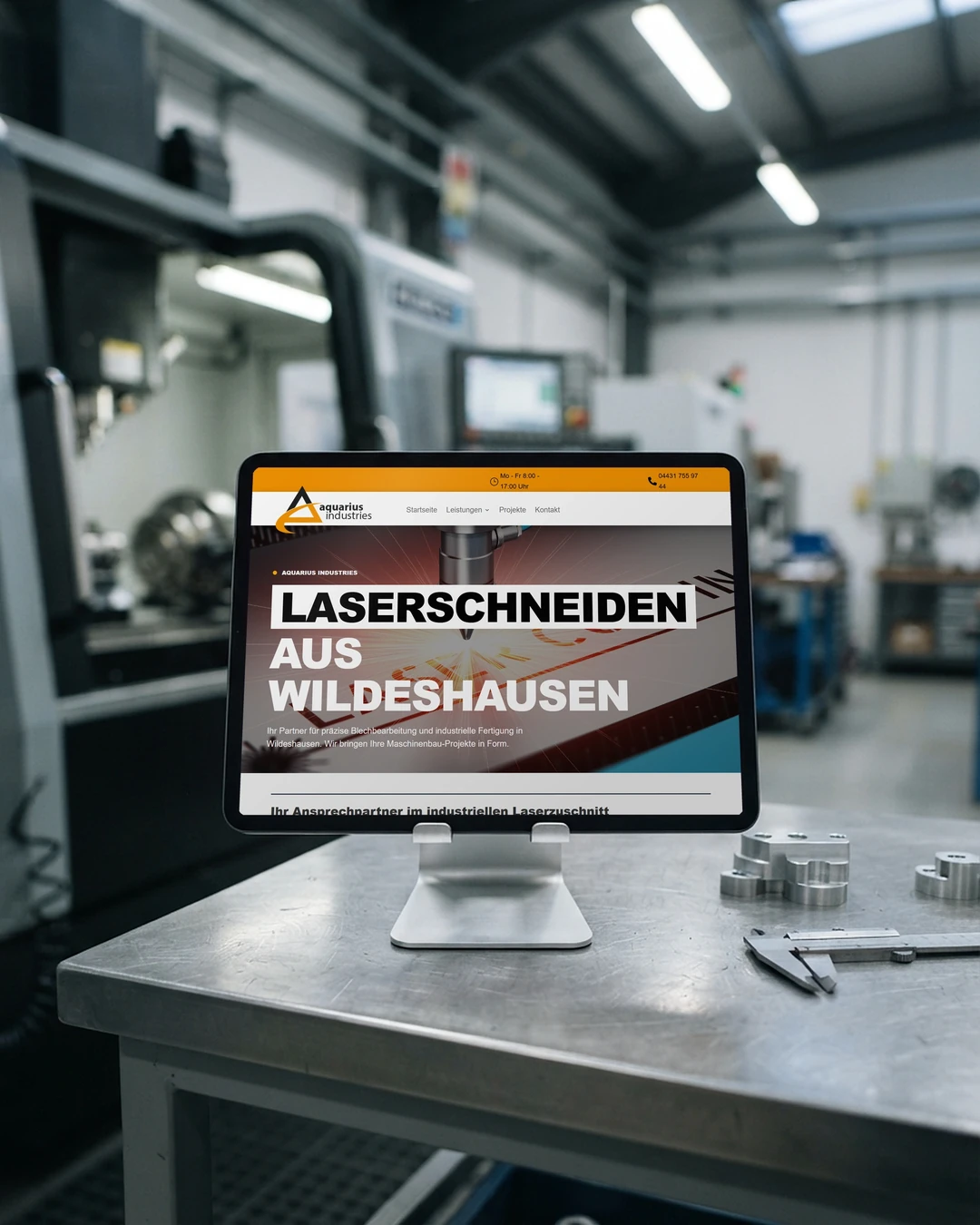 Webseite für Zulieferer: Seite je Verfahren Seite Laserschneiden von Aquarius Industries auf dem Tablet in der Halle: Webseite für Zulieferer nach Verfahren