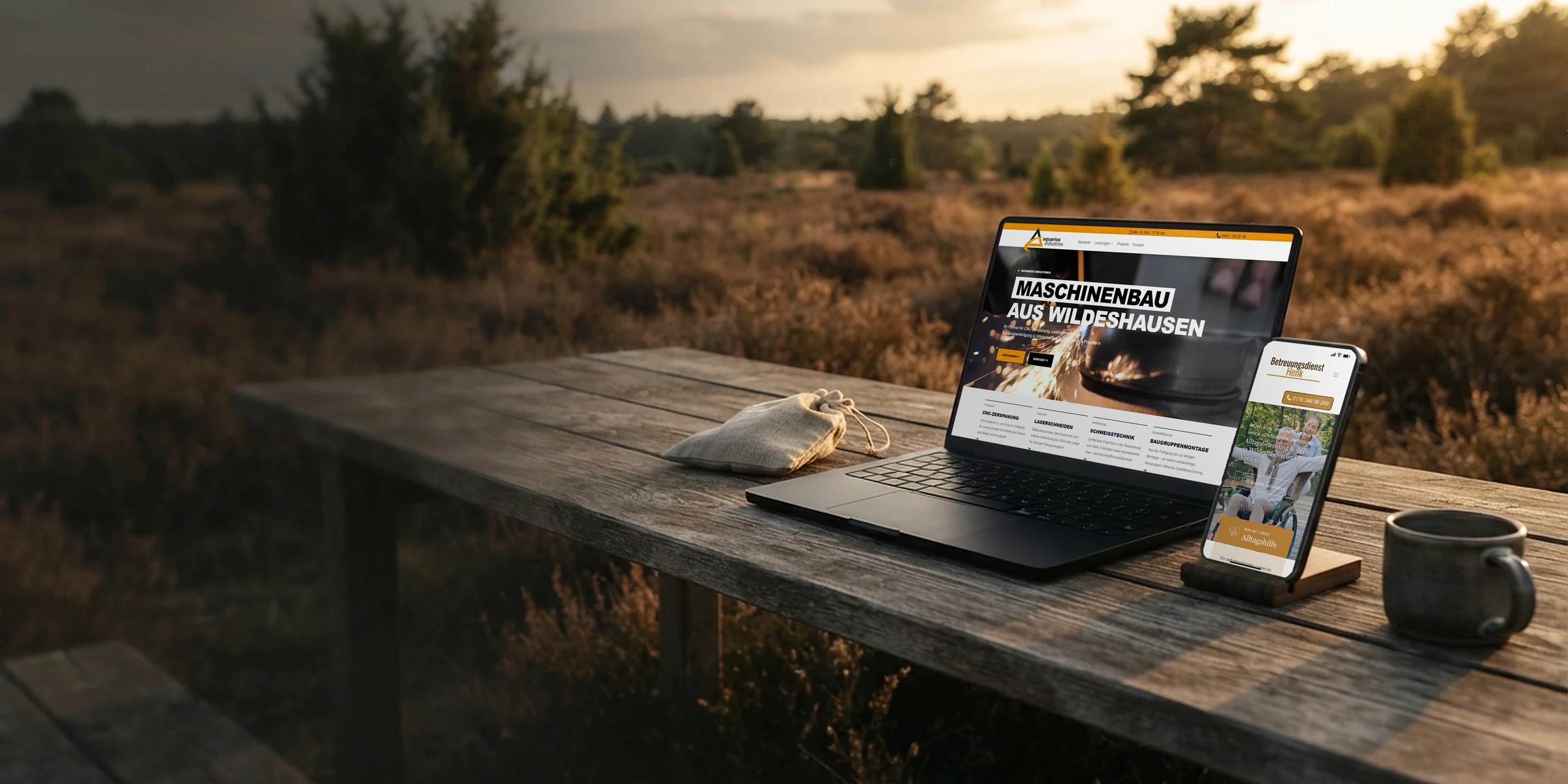 Webdesign Wildeshausen: Webseiten am Rand der Geest Laptop und Handy mit Webseiten eines Fertigungsbetriebs und eines Betreuungsdienstes vor Heide: Webdesign Wildeshausen
